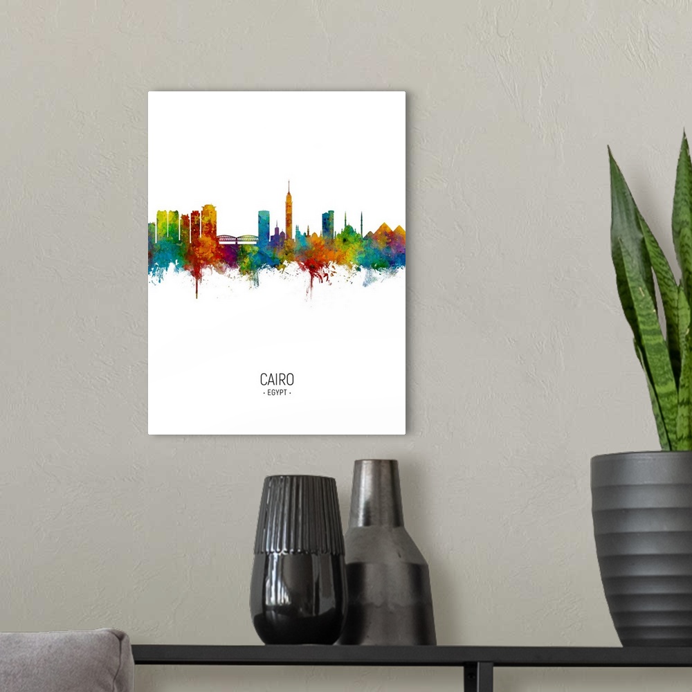 A modern room featuring Watercolor art print of the skyline of Cairo, Egypt