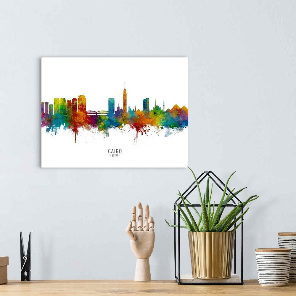 A bohemian room featuring Watercolor art print of the skyline of Cairo, Egypt.