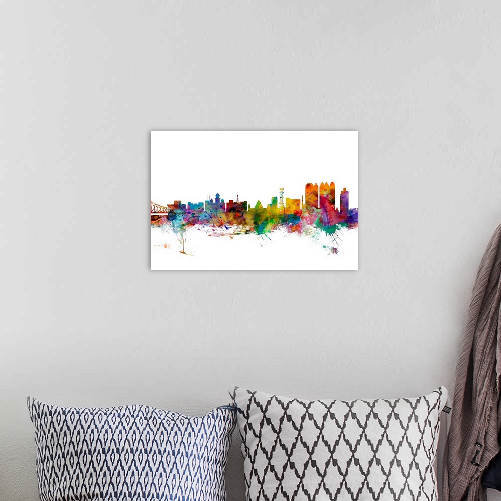 A bohemian room featuring Watercolor artwork of the Calcutta skyline against a white background.