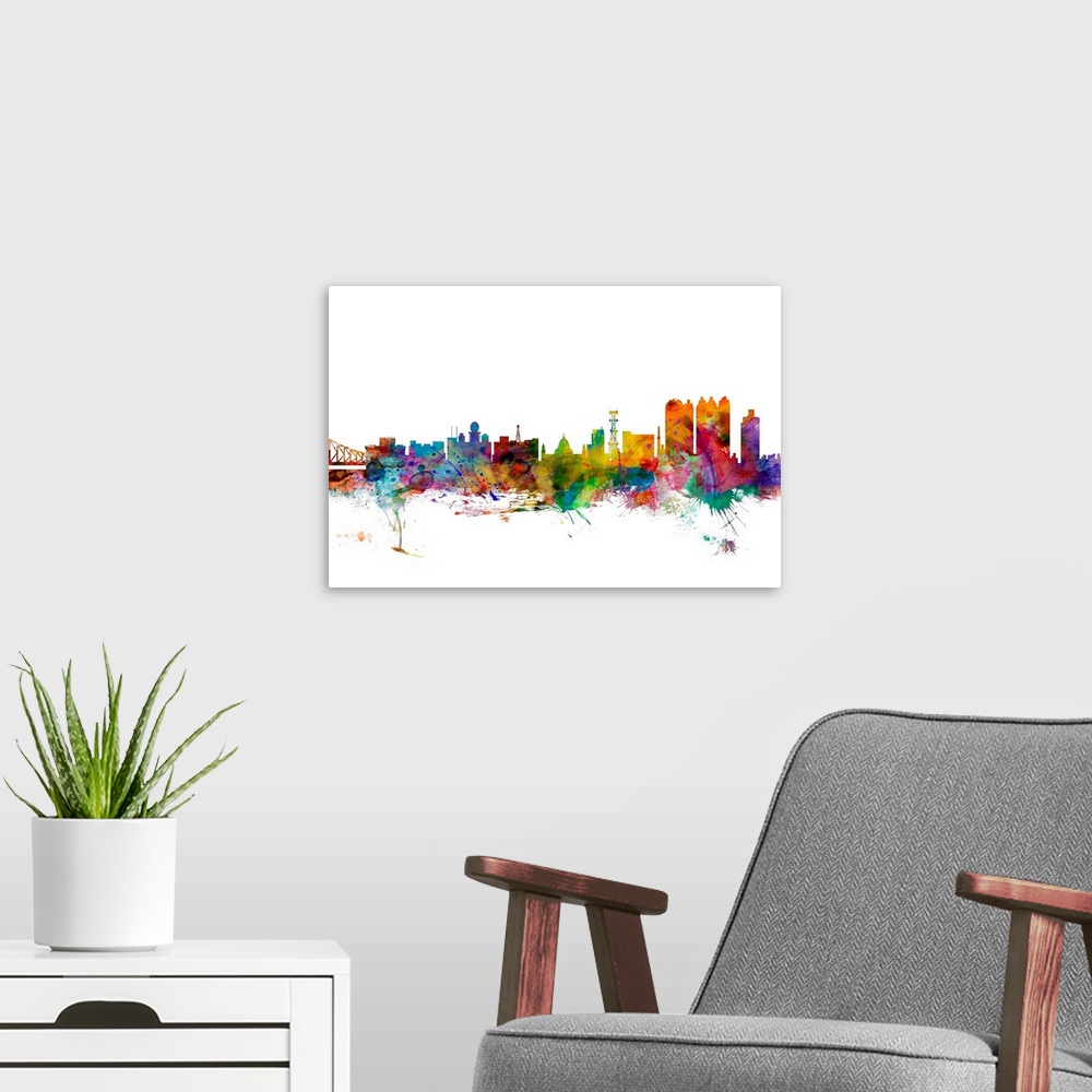 A modern room featuring Watercolor artwork of the Calcutta skyline against a white background.