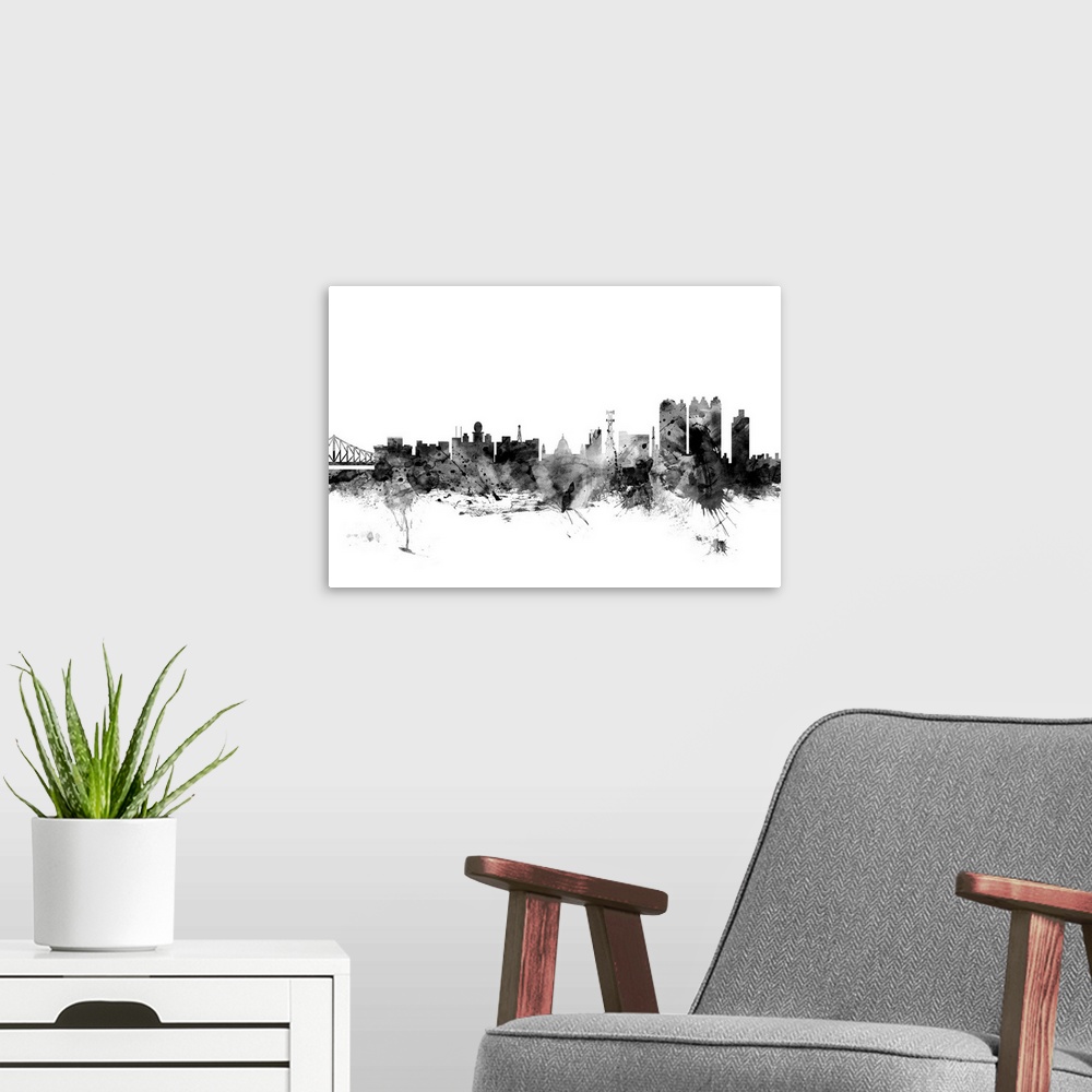 A modern room featuring Contemporary artwork of the Calcutta city skyline in black watercolor paint splashes.
