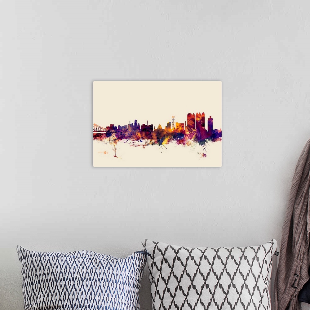 A bohemian room featuring Contemporary artwork of the Calcutta city skyline in watercolor paint splashes.