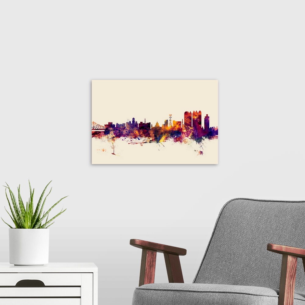 A modern room featuring Contemporary artwork of the Calcutta city skyline in watercolor paint splashes.