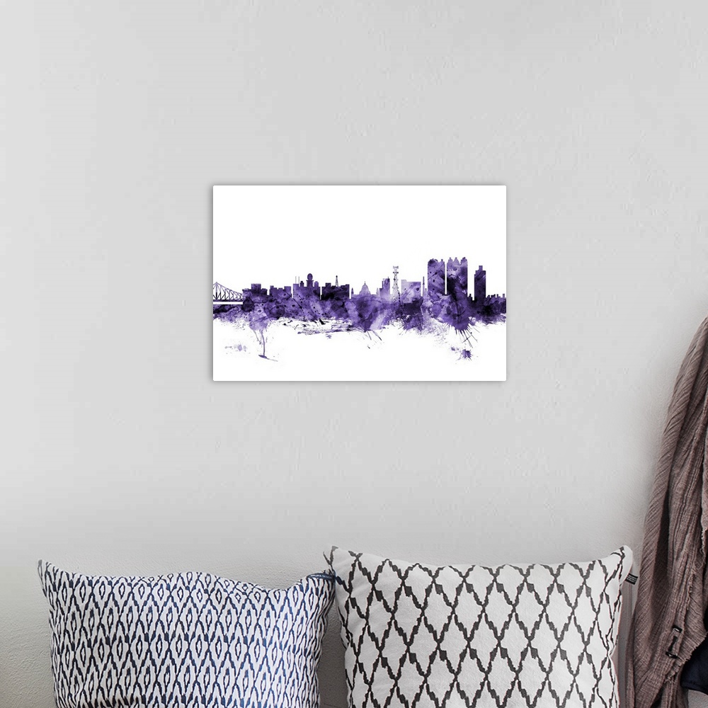 A bohemian room featuring Watercolor art print of the skyline of Calcutta (Kolkata), West Bengal, India