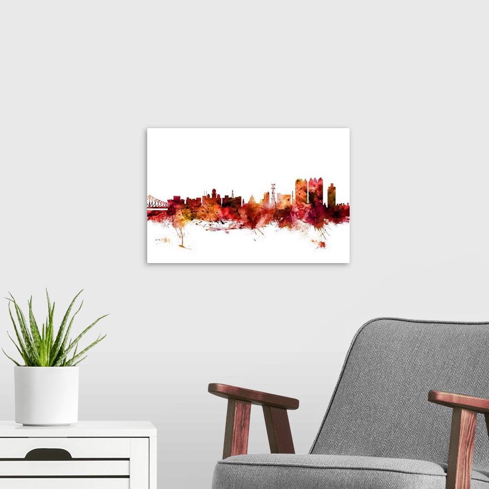 A modern room featuring Watercolor art print of the skyline of Calcutta (Kolkata), West Bengal, India.
