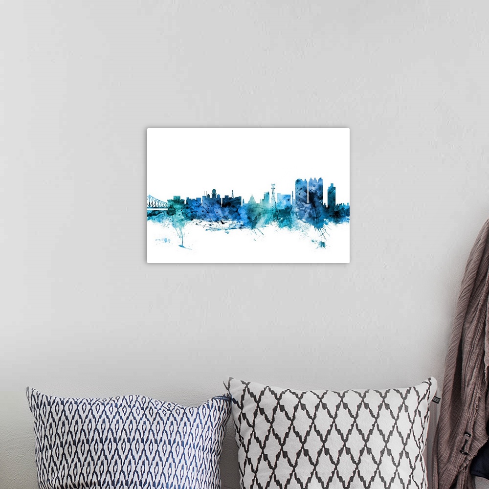 A bohemian room featuring Watercolor art print of the skyline of Calcutta (Kolkata), West Bengal, India.