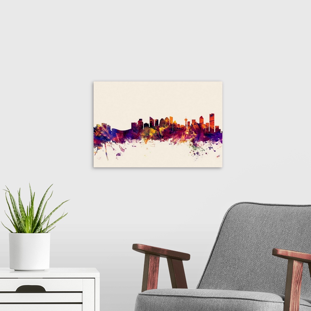 A modern room featuring Contemporary artwork of the Calgary city skyline in watercolor paint splashes.