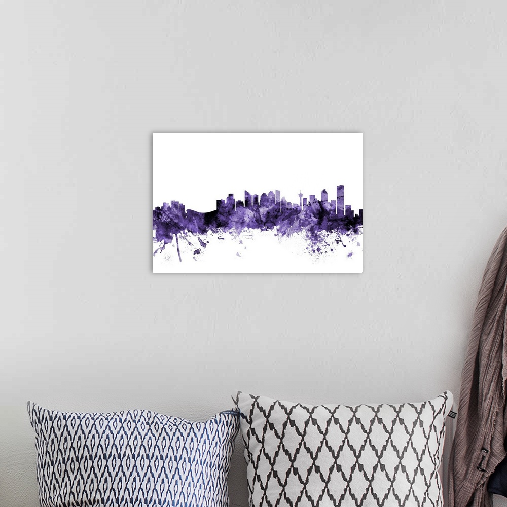 A bohemian room featuring Watercolor art print of the skyline of the city of Calgary, Alberta, Canada