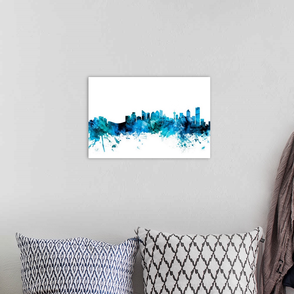 A bohemian room featuring Watercolor art print of the skyline of the city of Calgary, Alberta, Canada.