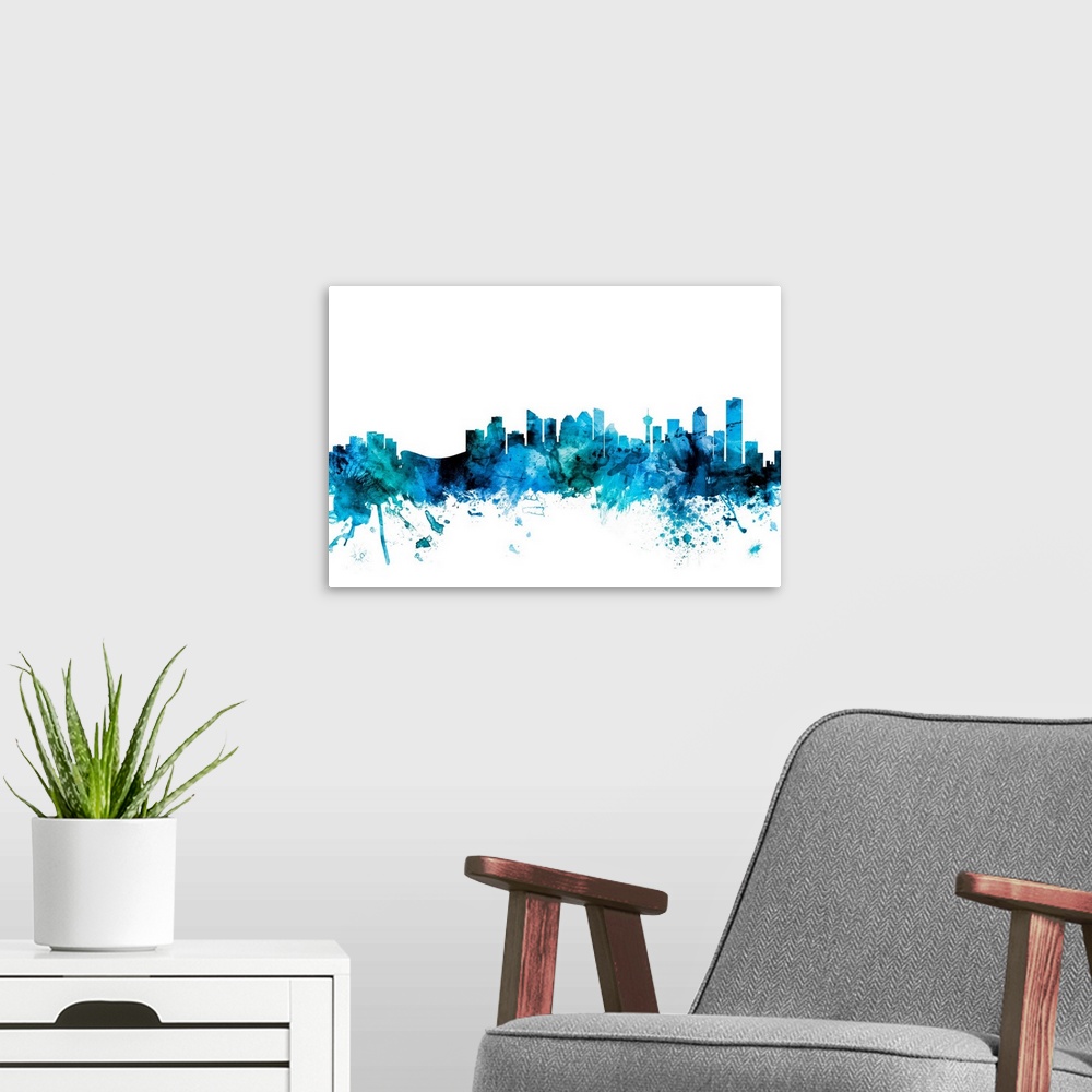 A modern room featuring Watercolor art print of the skyline of the city of Calgary, Alberta, Canada.