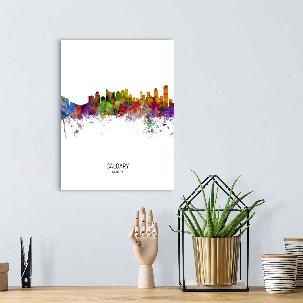 A bohemian room featuring Watercolor art print of the skyline of the city of Calgary, Alberta, Canada