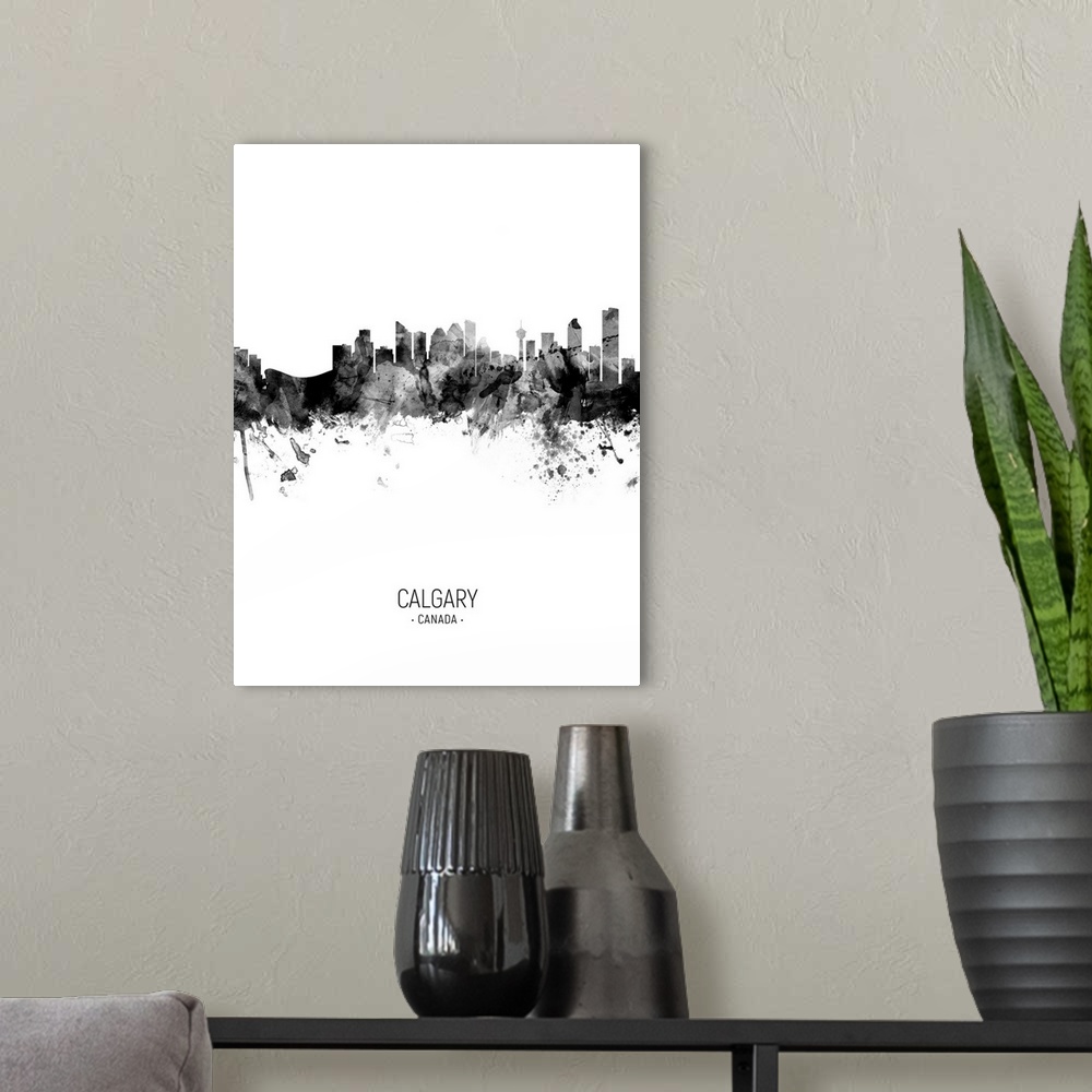 A modern room featuring Watercolor art print of the skyline of the city of Calgary, Alberta, Canada