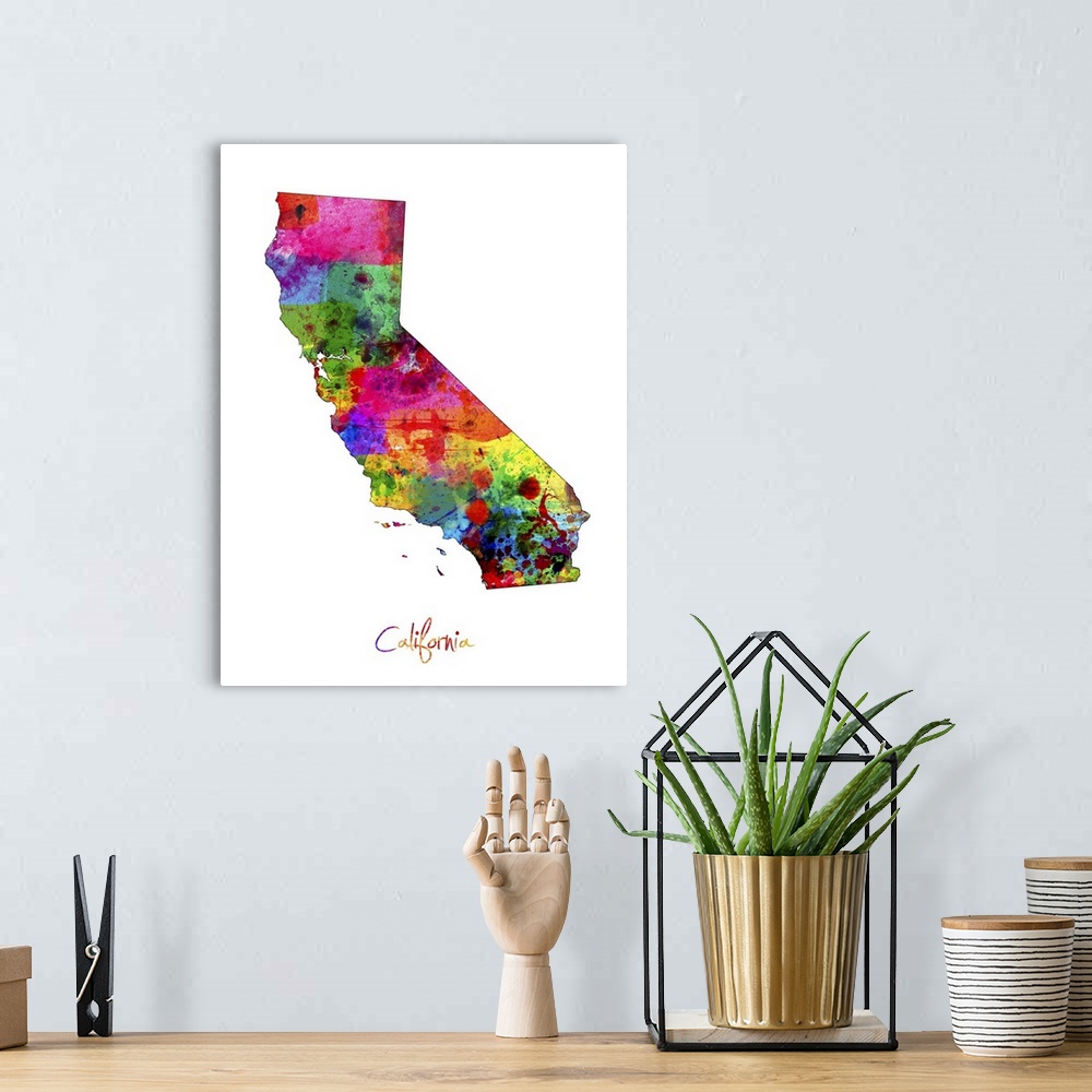 A bohemian room featuring Contemporary artwork of a map of California made of colorful paint splashes.