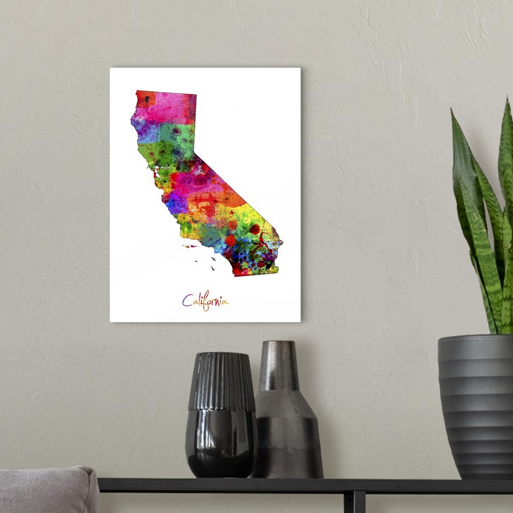 A modern room featuring Contemporary artwork of a map of California made of colorful paint splashes.