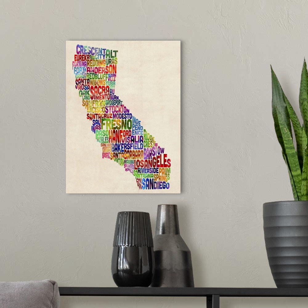 A modern room featuring California Typography Text Map