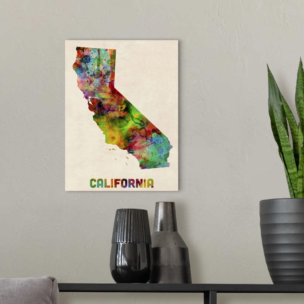 A modern room featuring Contemporary piece of artwork of a map of California made up of watercolor splashes.