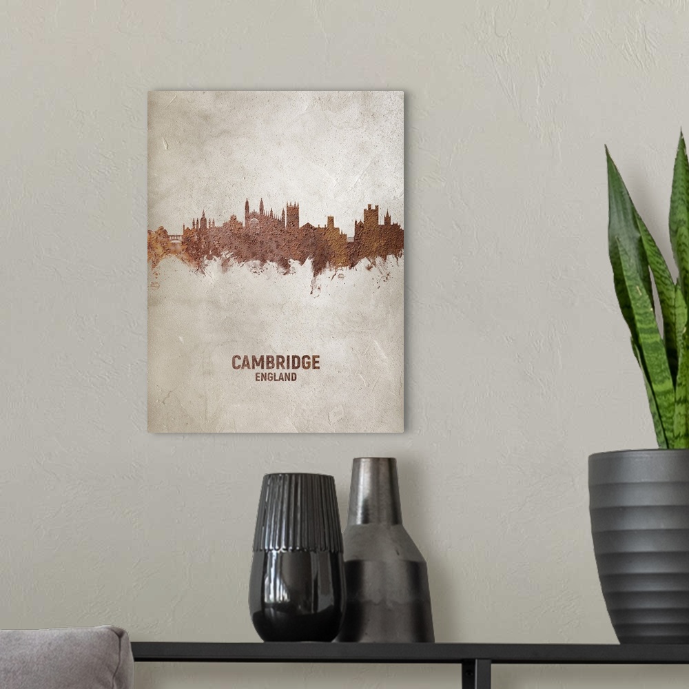 A modern room featuring Art print of the skyline of Cambridge, England, United Kingdom. Rust on concrete.