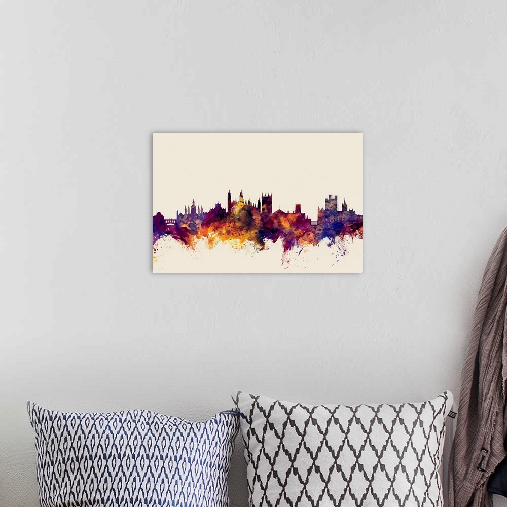 A bohemian room featuring Contemporary artwork of the Cambridge city skyline in watercolor paint splashes.