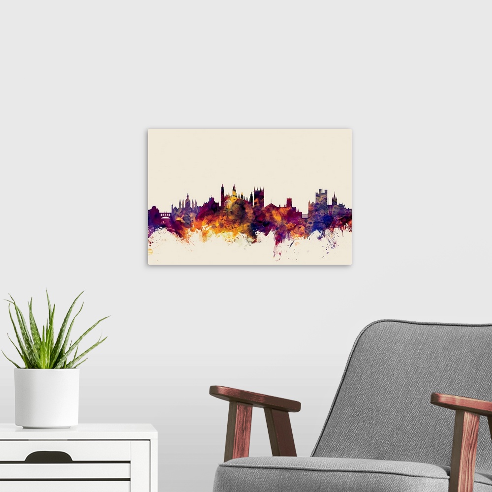 A modern room featuring Contemporary artwork of the Cambridge city skyline in watercolor paint splashes.