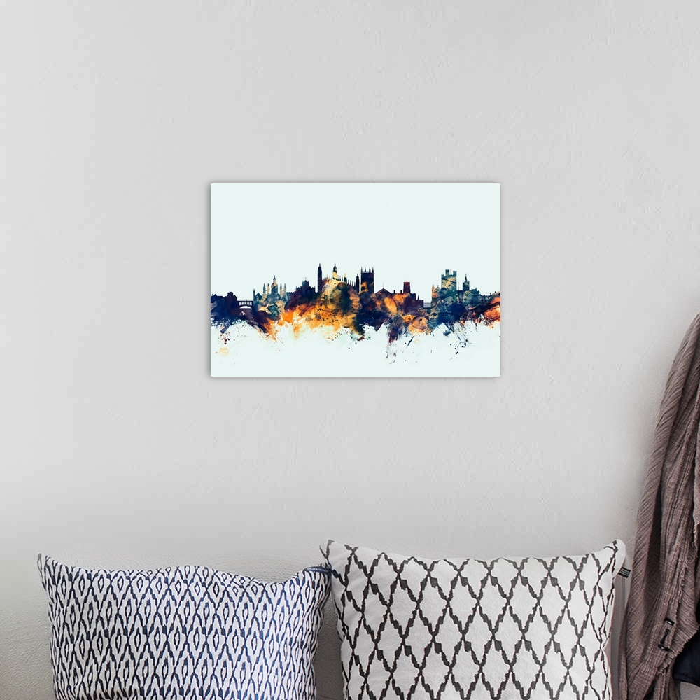 A bohemian room featuring Watercolor art print of the skyline of Cambridge, England, United Kingdom