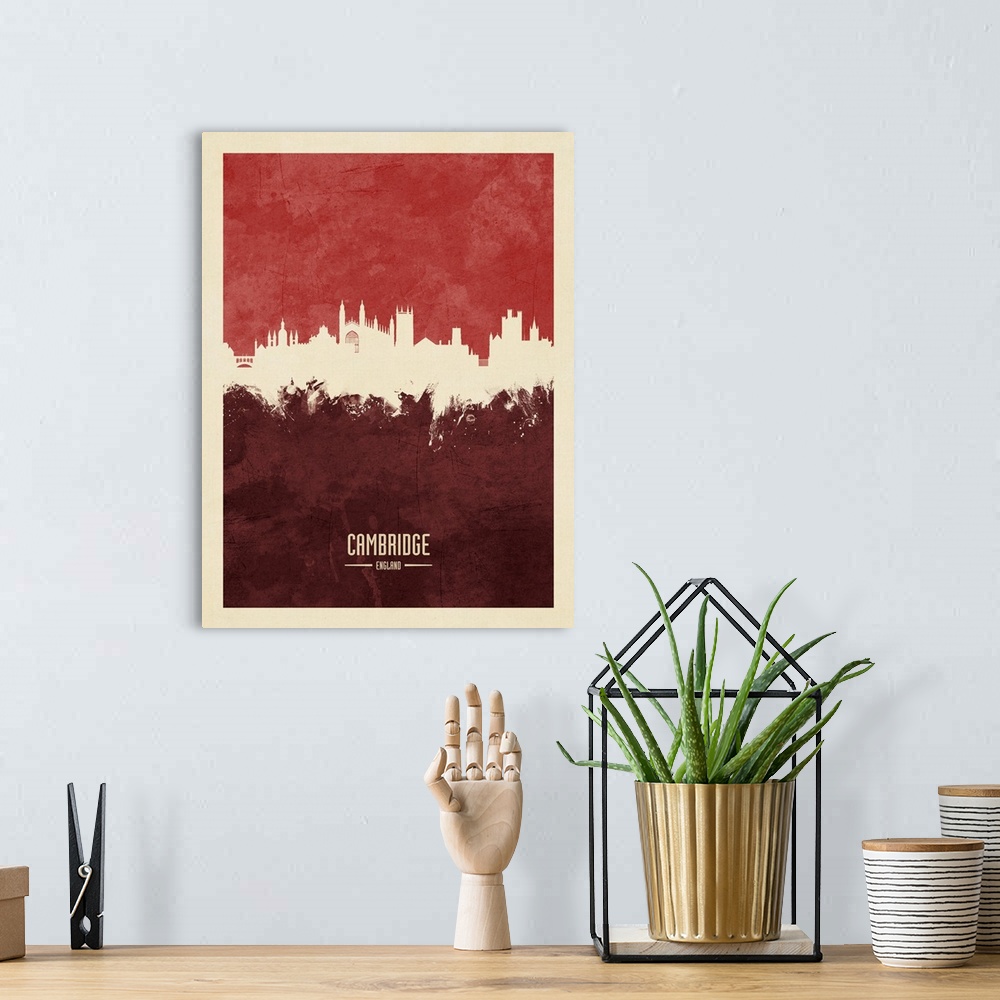 A bohemian room featuring Watercolor art print of the skyline of Cambridge, England, United Kingdom