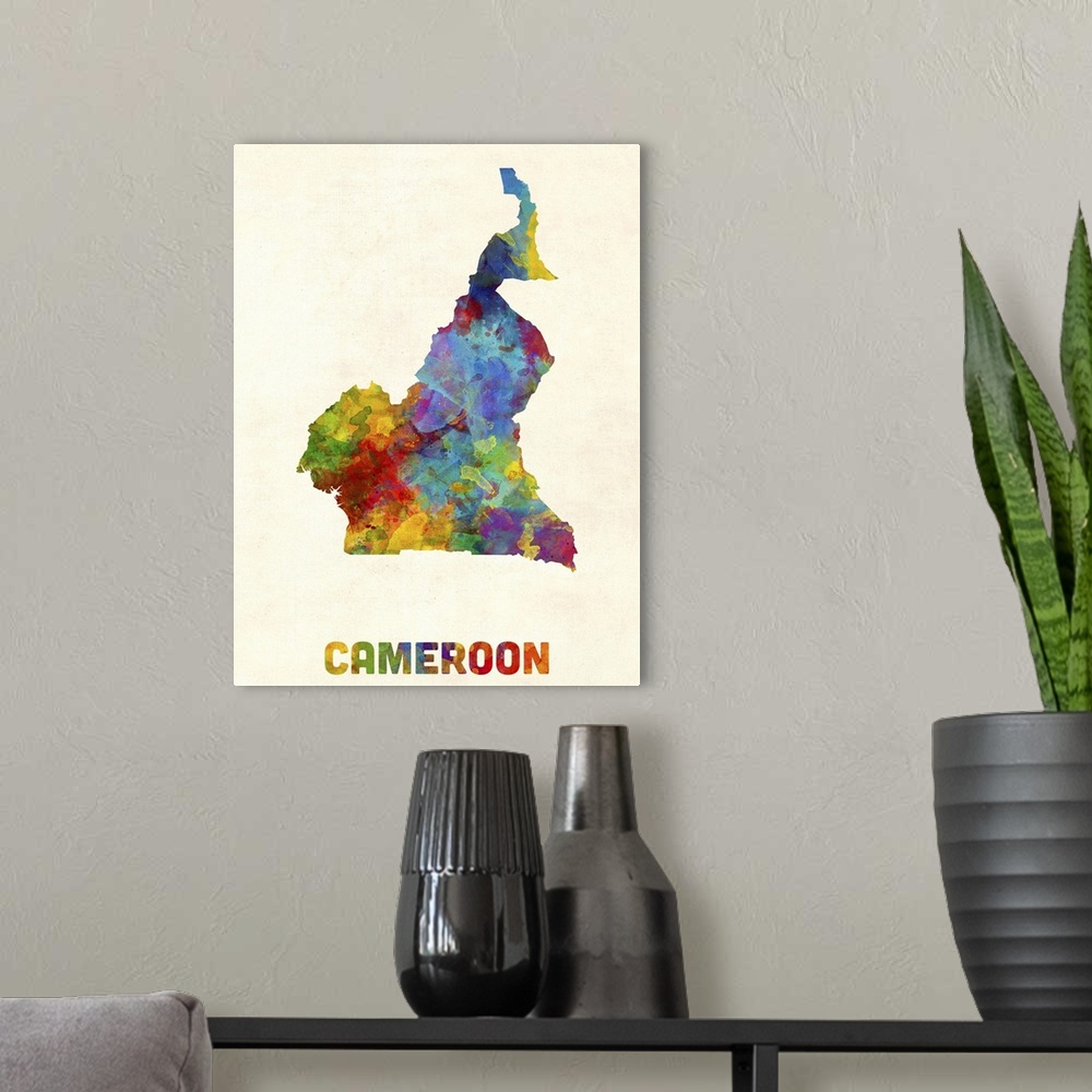A modern room featuring A watercolor map of Cameroon