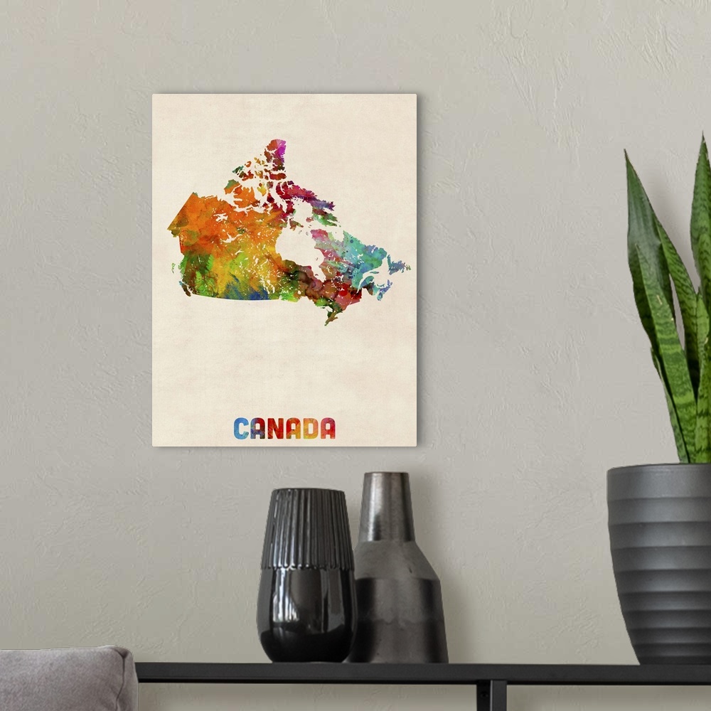 A modern room featuring Canada Watercolor Map