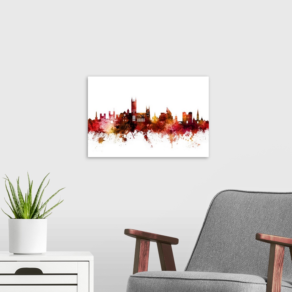 A modern room featuring Watercolor art print of the skyline of Canterbury, England, United Kingdom.