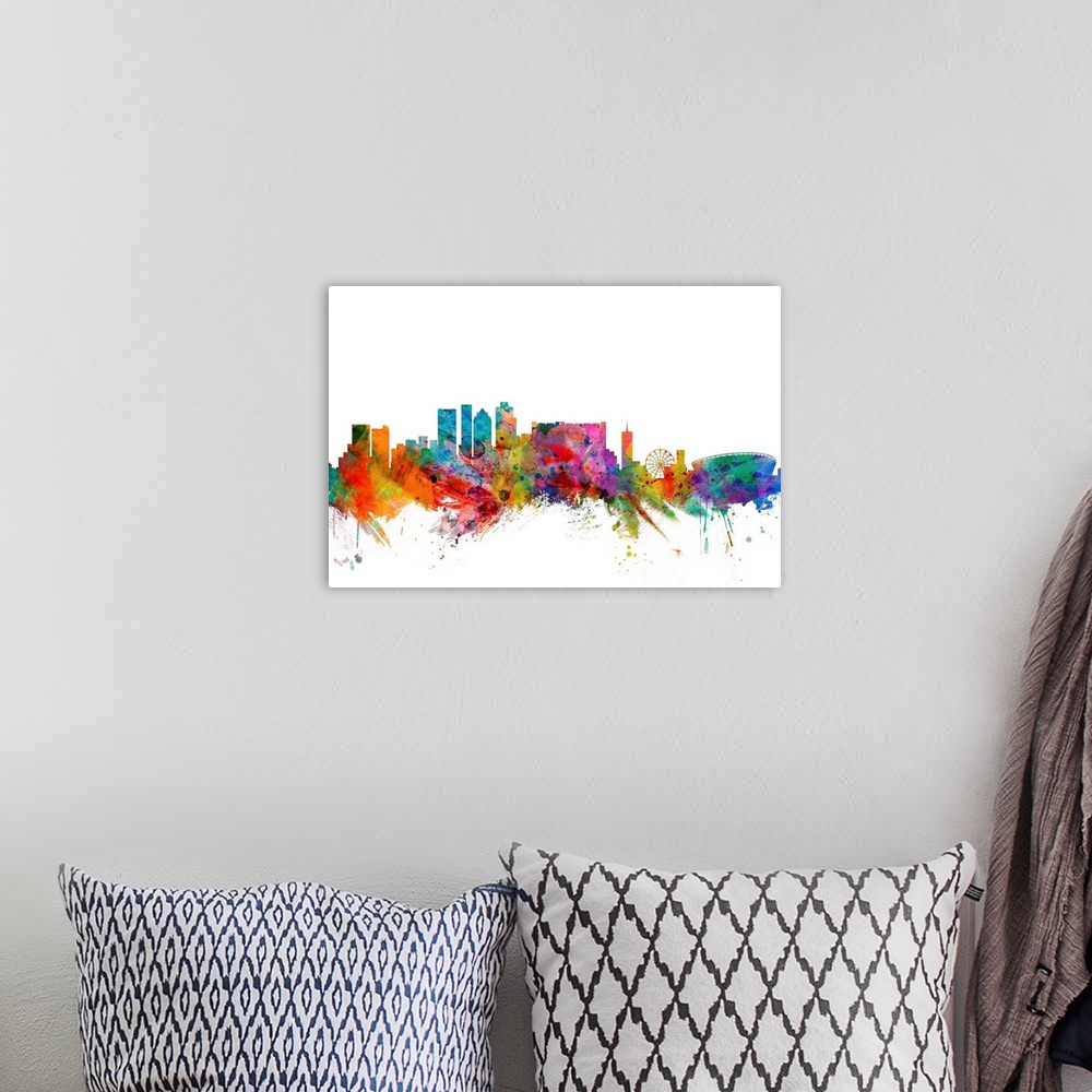 A bohemian room featuring Watercolor artwork of the Cape Town skyline against a white background.