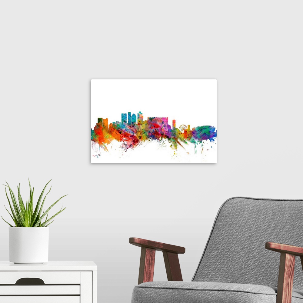 A modern room featuring Watercolor artwork of the Cape Town skyline against a white background.