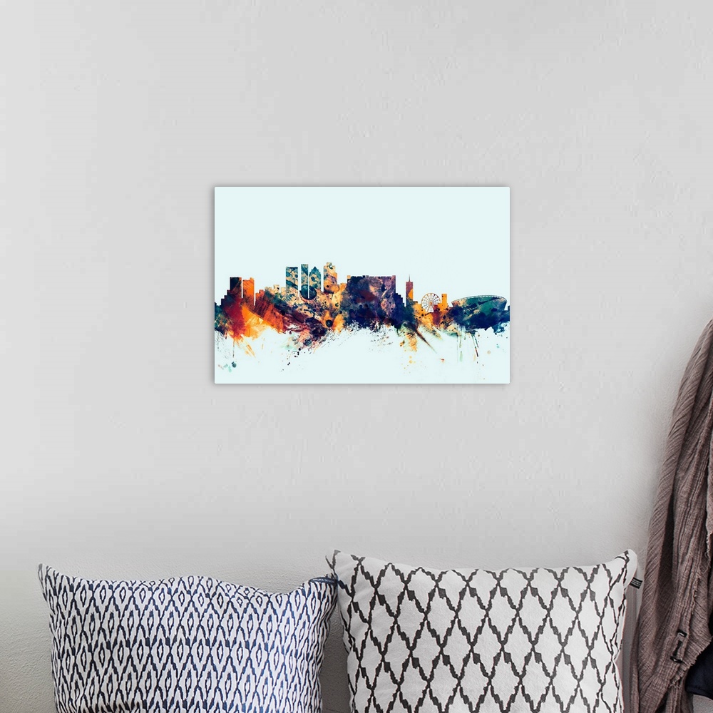 A bohemian room featuring Dark watercolor silhouette of the Cape Town city skyline against a light blue background.