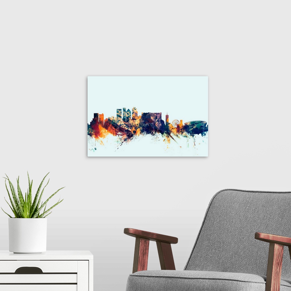 A modern room featuring Dark watercolor silhouette of the Cape Town city skyline against a light blue background.