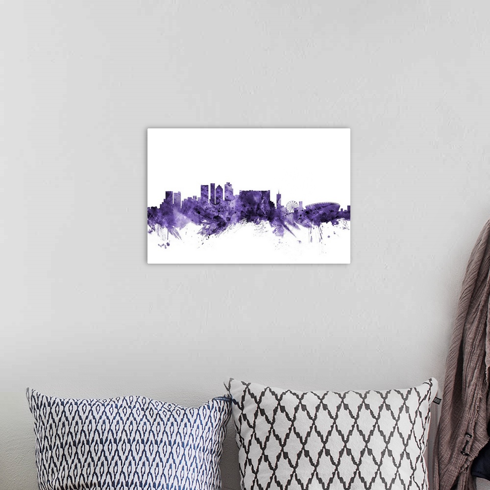 A bohemian room featuring Watercolor art print of the skyline of Cape Town, South Africa