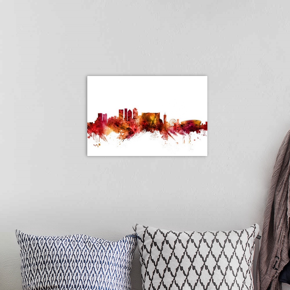 A bohemian room featuring Watercolor art print of the skyline of Cape Town, South Africa.