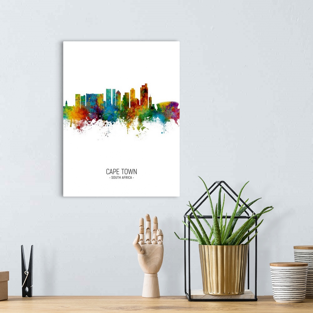 A bohemian room featuring Watercolor art print of the skyline of Cape Town, South Africa