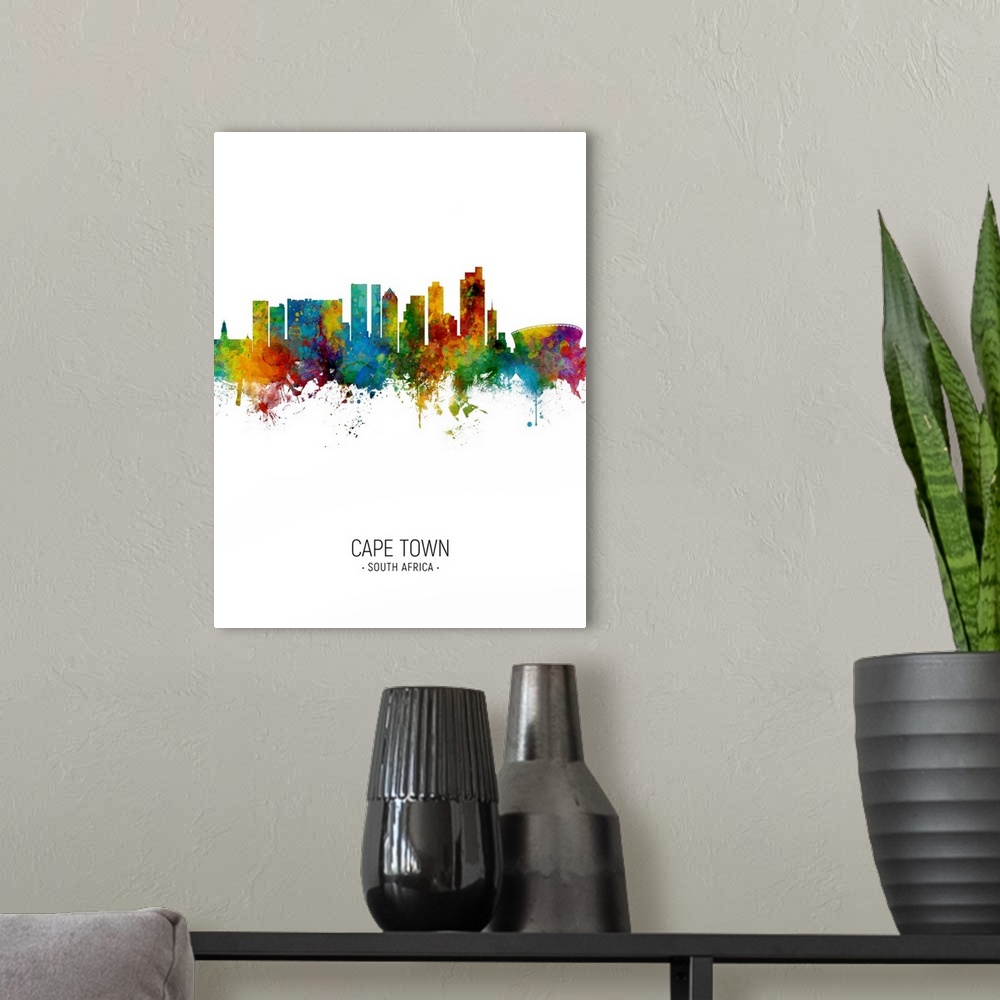 A modern room featuring Watercolor art print of the skyline of Cape Town, South Africa