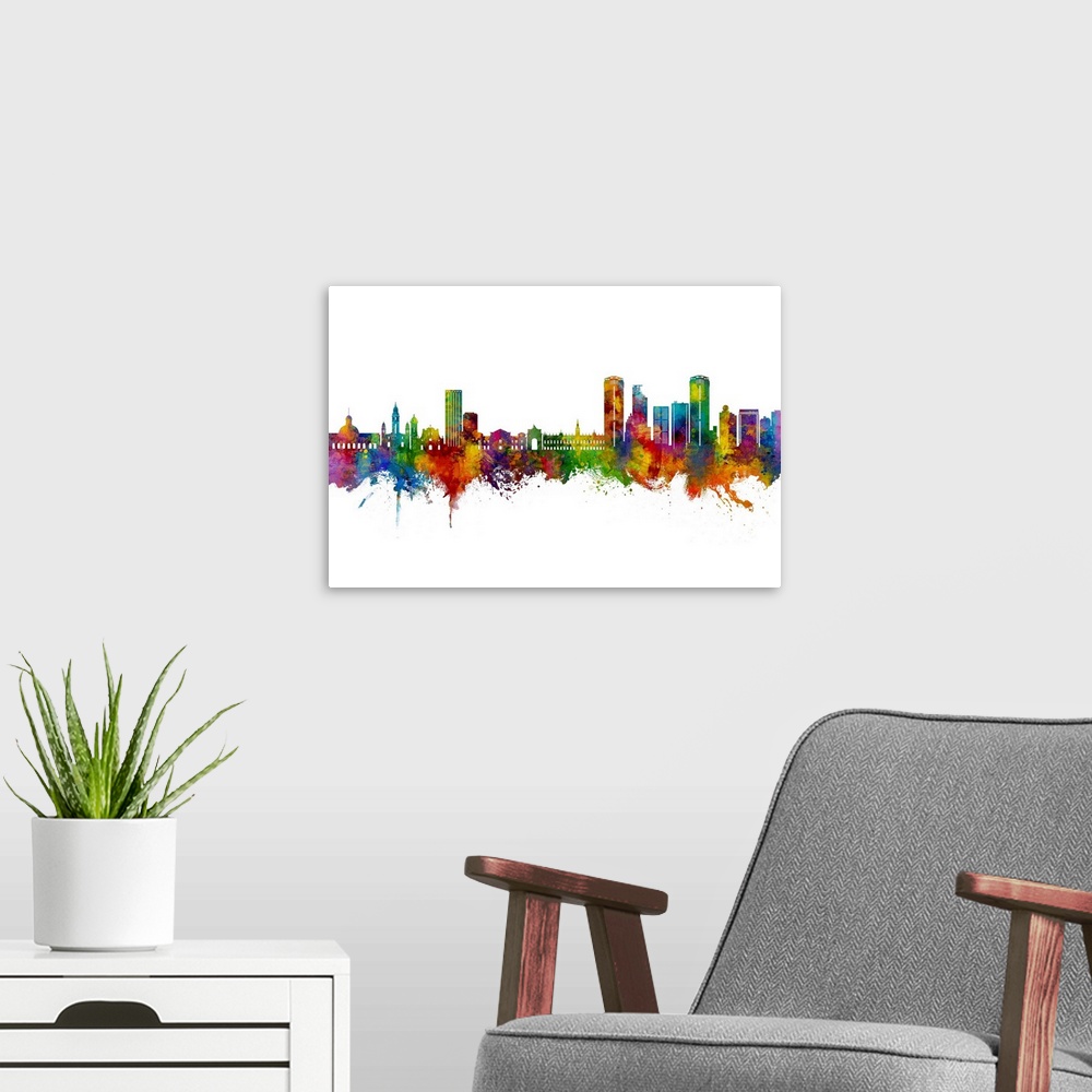 A modern room featuring Watercolor art print of the skyline of Caracas, Venezuela