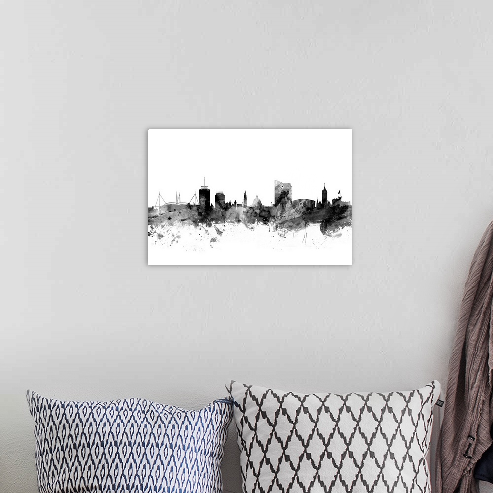 A bohemian room featuring Contemporary artwork of the Cardiff city skyline in black watercolor paint splashes.