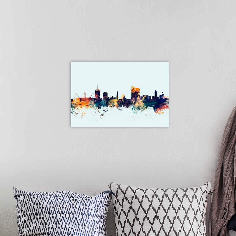 A bohemian room featuring Dark watercolor silhouette of the Cardiff city skyline against a light blue background.