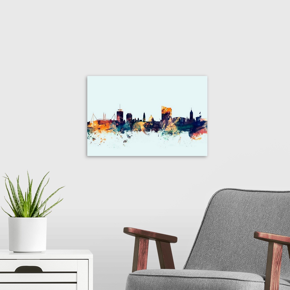 A modern room featuring Dark watercolor silhouette of the Cardiff city skyline against a light blue background.