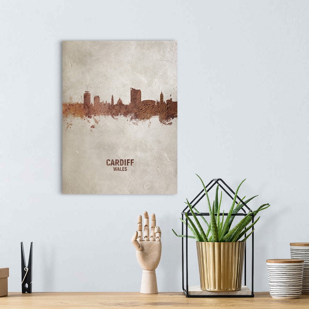 A bohemian room featuring Art print of the skyline of Cardiff, Wales, United Kingdom. Rust on concrete.