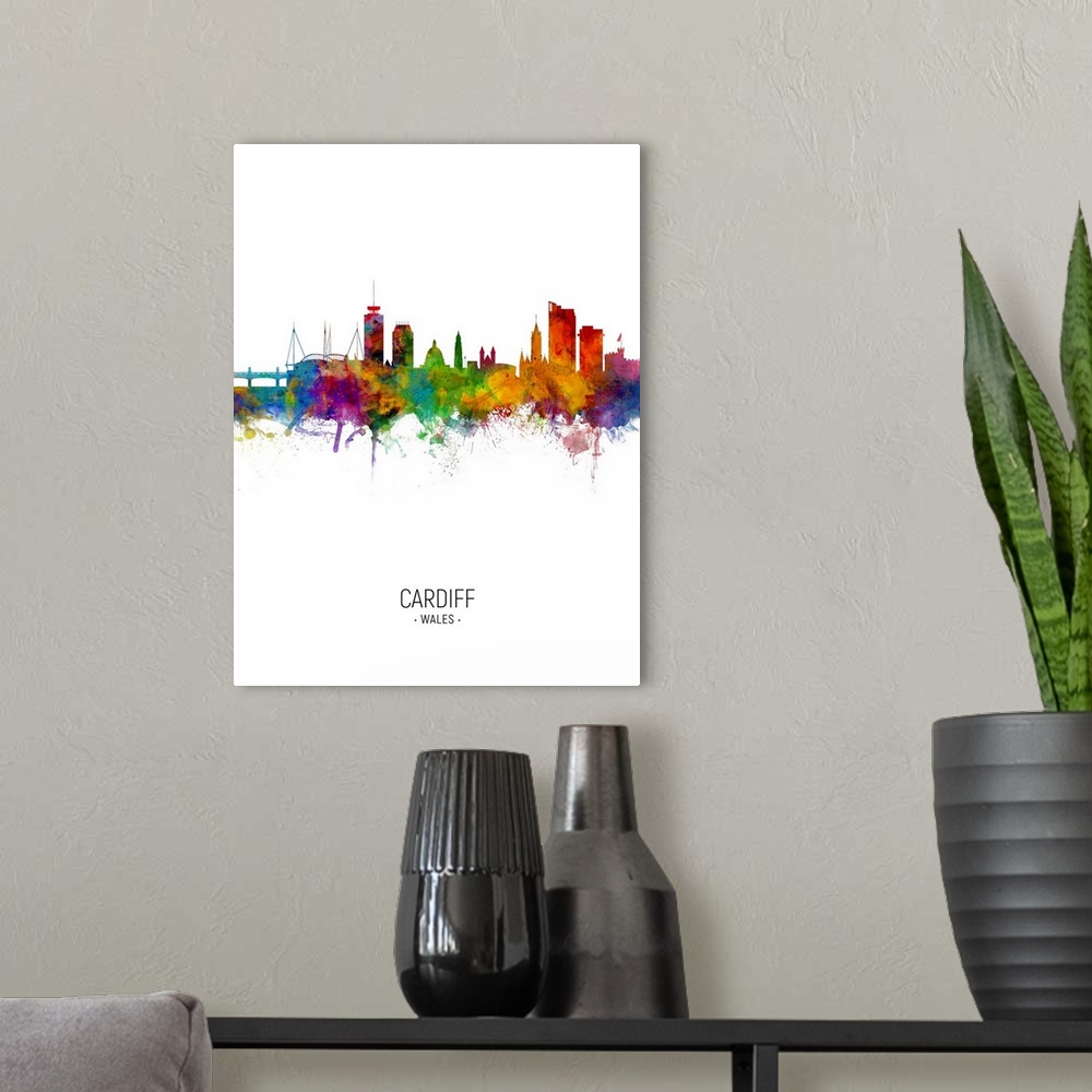 A modern room featuring Watercolor art print of the skyline of Cardiff, Wales, United Kingdom