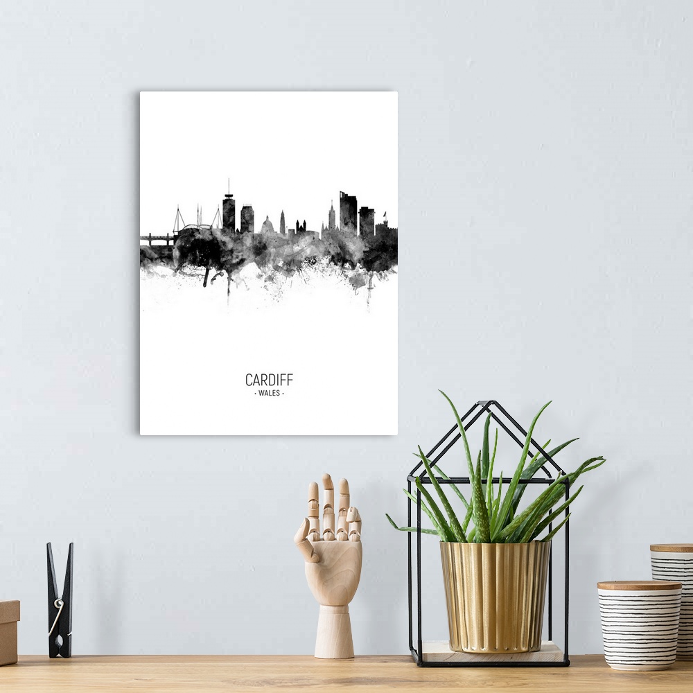 A bohemian room featuring Watercolor art print of the skyline of Cardiff, Wales, United Kingdom