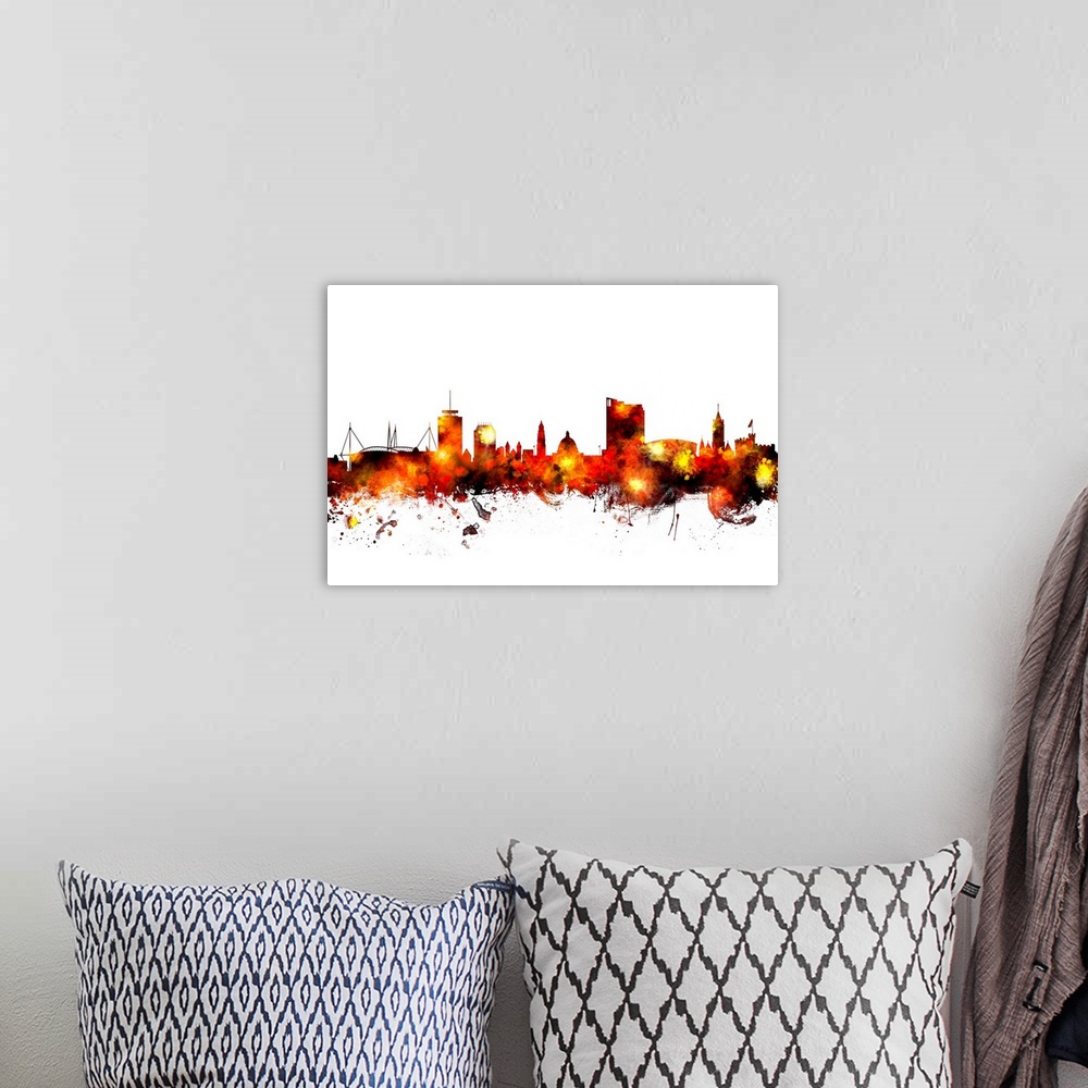 A bohemian room featuring Watercolor art print of the skyline of Cardiff, Wales, United Kingdom.