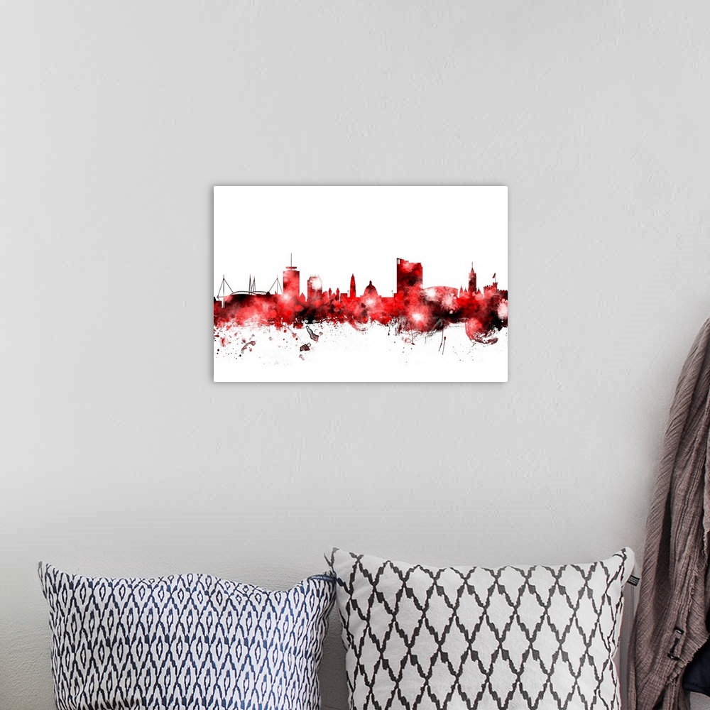 A bohemian room featuring Watercolor art print of the skyline of Cardiff, Wales, United Kingdom.