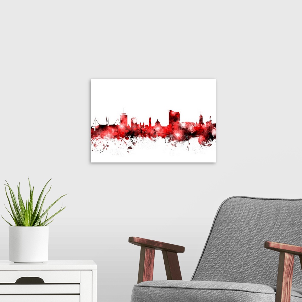 A modern room featuring Watercolor art print of the skyline of Cardiff, Wales, United Kingdom.