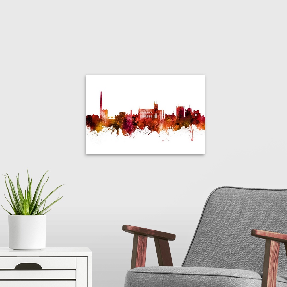A modern room featuring Watercolor art print of the skyline of Carlisle, England, United Kingdom.