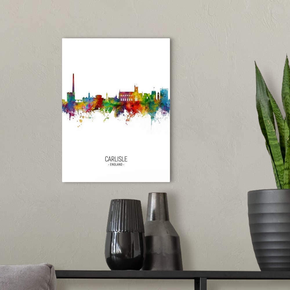 A modern room featuring Watercolor art print of the skyline of Carlisle, England, United Kingdom
