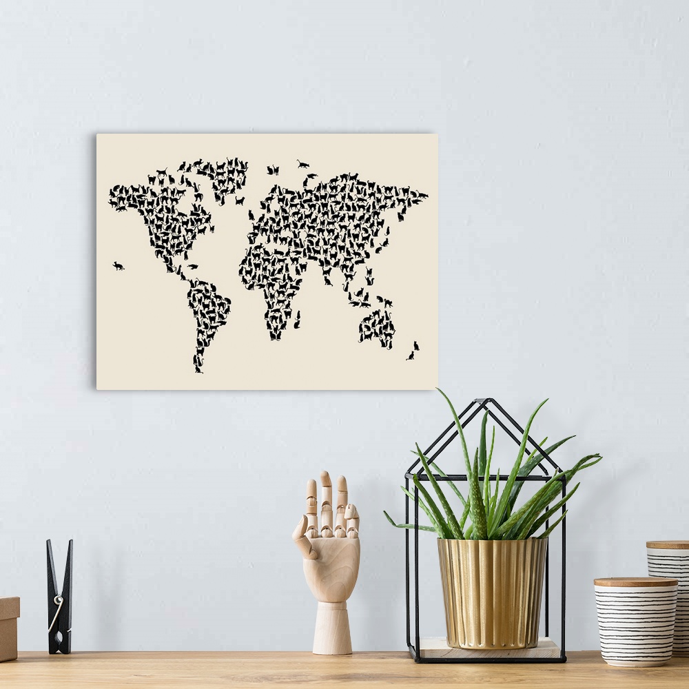 A bohemian room featuring Contemporary artwork of a world map made of cats.