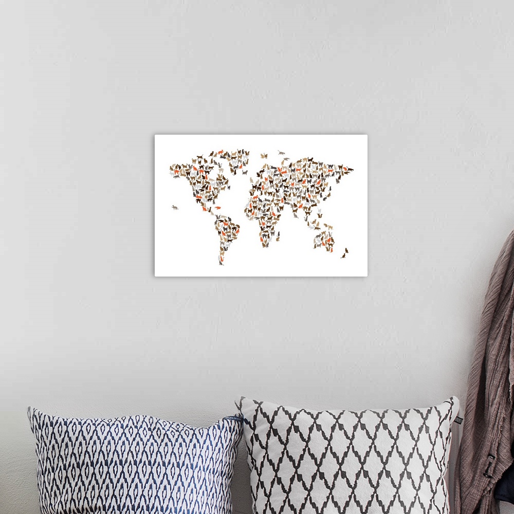 A bohemian room featuring A map of the world made from silhouettes of cats.